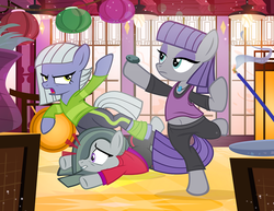 Size: 1000x773 | Tagged: safe, artist:pixelkitties, boulder (g4), limestone pie, marble pie, maud pie, pony, g4, actor allusion, belly button, clothes, incense, midriff, tank top, yoga