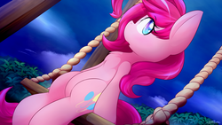 Size: 1920x1080 | Tagged: safe, artist:dshou, pinkie pie, g4, alternate hairstyle, chest fluff, cute, female, looking at you, open mouth, sitting, solo, swing, yet another pinkie blog