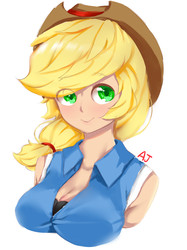 Size: 2480x3307 | Tagged: safe, artist:crazy bush, applejack, human, g4, breasts, busty applejack, female, hat, high res, human coloration, humanized, solo