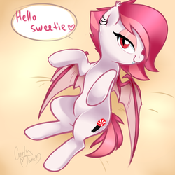 Size: 1000x1000 | Tagged: safe, artist:va1ly, oc, oc only, oc:pelly po, bat pony, pony, bed, bedroom eyes, female, looking at you, solo, text