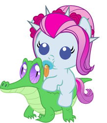 Size: 886x1017 | Tagged: safe, artist:red4567, gummy, violet blurr, pony, equestria girls, g4, baby, baby pony, cute, equestria girls ponified, pacifier, ponies riding gators, ponified, riding, violet blurr riding gummy, weapons-grade cute