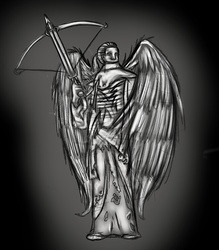 Size: 651x742 | Tagged: safe, artist:maroonillustrator, oc, oc only, oc:navarone, human, fanfic:diaries of a madman, crossbow, fanfic art, monochrome, solo, winged human, wings