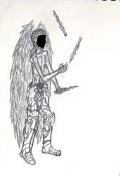 Size: 1340x1962 | Tagged: safe, artist:netikras01, oc, oc only, oc:navarone, human, fanfic:diaries of a madman, fanfic art, knife, monochrome, solo, winged human, wings