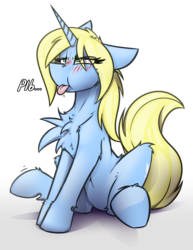 Size: 2266x2938 | Tagged: safe, artist:ralek, oc, oc only, oc:art's desire, pony, unicorn, belly button, blushing, high res, simple background, solo, text, tongue out, white background