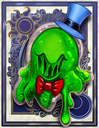 Size: 700x900 | Tagged: safe, artist:harwick, smooze, harwick's sun/moon portraits, g4, ambiguous gender, bowtie, hat, ooze, open mouth, portrait, slime, solo, top hat