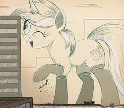 Size: 1500x1302 | Tagged: safe, artist:ncmares, lyra heartstrings, pony, g4, big-pon, building, bus, city, clothes, destruction, female, giant pony, macro, monochrome, one eye closed, open mouth, sketch, socks, solo