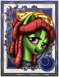 Size: 700x900 | Tagged: safe, artist:harwick, tree hugger, earth pony, pony, harwick's sun/moon portraits, g4, bandana, female, hippie, looking at you, mare, open mouth, portrait, purple eyes, smiling, solo