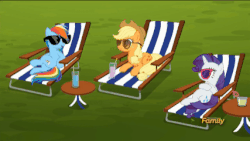 Size: 427x240 | Tagged: safe, screencap, applejack, rainbow dash, rarity, pony, g4, the cart before the ponies, animated, female, stretching, sunglasses