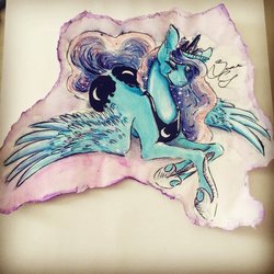 Size: 1024x1024 | Tagged: safe, artist:havenhold, princess luna, g4, both cutie marks, eyes closed, female, prone, solo, traditional art