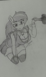 Size: 480x800 | Tagged: safe, artist:zemer, octavia melody, earth pony, anthro, g4, clothes, cufflinks, cuffs (clothes), female, kneeling, maid, monochrome, octamaid, solo, traditional art
