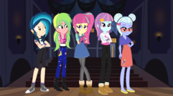 Size: 1280x719 | Tagged: safe, artist:mohawgo, artist:psshdjndofnsjdkan, artist:themexicanpunisher, indigo zap, lemon zest, sour sweet, sugarcoat, sunny flare, equestria girls, g4, alternate clothes, alternate hairstyle, alternate universe, clothes, crystal prep shadowbolts, flats, freckles, glasses, hipster, pants, pigtails, ponytail, punk, ripped pants, shadow five, shoes, tomboy, torn clothes, twintails