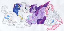 Size: 5170x2558 | Tagged: safe, artist:dawn22eagle, double diamond, twilight sparkle, oc, oc:cosmic wave, oc:snowlight, oc:starswirl, alicorn, earth pony, pegasus, pony, g4, colored wings, colored wingtips, cute, diamondlight, family, female, horn, horn ring, male, next generation, nudity, offspring, parent:double diamond, parent:twilight sparkle, parents:diamondlight, ring, sheath, shipping, straight, tail, tail feathers, twiabetes, twilight sparkle (alicorn), wings
