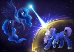 Size: 1414x1000 | Tagged: safe, artist:scheadar, princess luna, oc, oc:azure night, g4, azuna, canon x oc, fight, jewelry, magic, necklace, smiling, sparring, sword, weapon