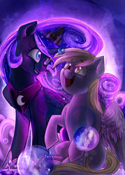 Size: 2601x3638 | Tagged: safe, artist:segraece, derpy hooves, princess luna, pegasus, pony, g4, bubble, female, high res, mare, open mouth, sitting, smiling, spread wings, stars