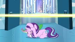 Size: 1920x1080 | Tagged: safe, screencap, spike, starlight glimmer, g4, the crystalling, cowering, magic blast