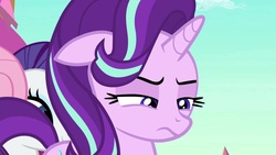 Size: 1920x1080 | Tagged: safe, screencap, fluttershy, rarity, starlight glimmer, pony, g4, the crystalling, lidded eyes, squint, suspicious, unamused, wavy mouth