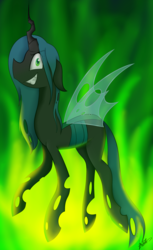 Size: 2321x3790 | Tagged: safe, artist:befishproductions, queen chrysalis, changeling, changeling queen, g4, female, fire, green fire, high res, looking at you, signature