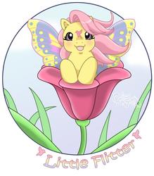 Size: 1195x1363 | Tagged: safe, artist:kuro-rakuen, little flitter, pony, g1, 2010, :d, circle background, female, flower, in a flower, looking at you, mare, open mouth, open smile, smiling, solo, summer wing ponies, text, tulip