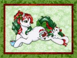 Size: 1661x1259 | Tagged: safe, artist:kuro-rakuen, merry treat, cat, earth pony, pony, g1, bow, chocolate, christmas, female, food, green background, hair accessory, hair bow, hot chocolate, jingle bells, looking at something, lying down, mare, mug, patterned background, simple background, tail, tail bow