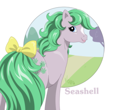 Size: 1093x982 | Tagged: safe, artist:kuro-rakuen, seashell (g1), earth pony, pony, g1, 2011, bow, coat markings, facial markings, female, looking at you, looking back, looking back at you, mare, solo, star (coat marking), tail bow