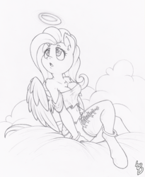 Size: 820x1000 | Tagged: safe, artist:dfectivedvice, fluttershy, angel, anthro, unguligrade anthro, g4, :o, anklet, belly button, bracelet, breasts, busty fluttershy, chest fluff, cleavage, clothes, cloud, cute, female, fluffy, grayscale, halo, jewelry, looking up, midriff, miniskirt, monochrome, sexy, shyabetes, sitting, sketch, skirt, socks, solo, stockings, thigh highs, traditional art