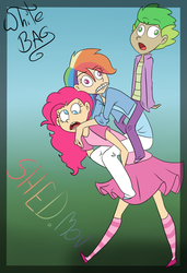 Size: 1074x1569 | Tagged: safe, artist:whitebag, pinkie pie, rainbow dash, spike, human, .mov, shed.mov, g4, clothes, derp, humanized, pinkie derp, pleated skirt, rainbow dash riding pinkie pie, rainbow derp, riding, scene interpretation, shoes, skirt, socks, spike riding rainbow dash, striped socks