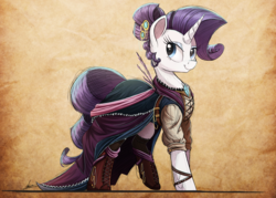 Size: 2000x1433 | Tagged: safe, artist:ncmares, rarity, pony, unicorn, alternate hairstyle, bedroom eyes, boots, bracelet, clothes, dress, eyeshadow, female, jewelry, looking at you, majestic, makeup, mare, raised leg, smiling, solo, steampunk, style emulation