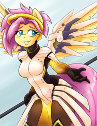 Size: 2550x3300 | Tagged: safe, artist:ambris, fluttershy, anthro, g4, breasts, busty fluttershy, colored pupils, crossover, cute, female, high res, mercy, mercyshy, overwatch, shyabetes, solo