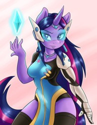 Size: 2550x3300 | Tagged: safe, artist:ambris, twilight sparkle, unicorn, anthro, g4, carla castañeda, clothes, colored pupils, costume, crossover, female, high res, latin american, looking at you, overwatch, solo, symmetra, symmetwi, voice actor joke