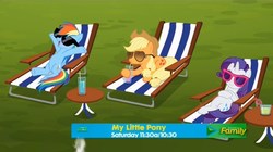 Size: 849x477 | Tagged: safe, screencap, applejack, rainbow dash, rarity, pony, g4, my little pony: friendship is magic, season 6, beach chair, chair, discovery family, sunglasses