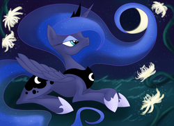 Size: 1450x1058 | Tagged: safe, artist:faikie, princess luna, pony, g4, crescent moon, female, flower, moon, night, prone, solo