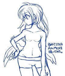 Size: 600x700 | Tagged: safe, artist:zakro, rainbow dash, human, g4, belly button, breasts, butt wings, clothes, featureless breasts, female, humanized, monochrome, shorts, sketch, solo, topless, underwear