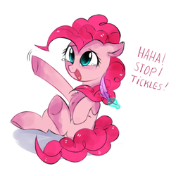 Size: 455x455 | Tagged: safe, artist:aureai, pinkie pie, pony, g4, chest fluff, cute, diapinkes, feather, female, floppy ears, magic, offscreen character, solo, tickling