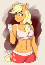 Size: 1125x1626 | Tagged: safe, artist:fairdahlia, applejack, earth pony, anthro, g4, abs, applejacked, athletic tape, clothes, female, looking at you, midriff, muscles, shorts, solo, sports bra, sports shorts