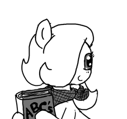 Size: 640x600 | Tagged: safe, artist:ficficponyfic, oc, oc only, oc:emerald jewel, earth pony, pony, colt quest, abc, bandana, book, child, colt, cute, hair over one eye, happy, male, monochrome, smiling, story included