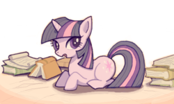 Size: 600x360 | Tagged: safe, artist:ezoisum, twilight sparkle, g4, book, cute, female, looking at you, open mouth, parchment, scroll, solo