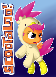 Size: 650x900 | Tagged: safe, artist:redfoxjake, scootaloo, g4, chicken suit, clothes, cute, cutealoo, female, kigurumi, scootachicken, solo