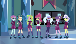 Size: 1785x1037 | Tagged: safe, artist:eli-j-brony, indigo zap, lemon zest, sour sweet, sugarcoat, sunny flare, suri polomare, upper crust, equestria girls, g4, clothes, crystal prep academy uniform, crystal prep shadowbolts, female, headphones, school uniform, shadow five