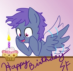 Size: 902x885 | Tagged: safe, artist:storm flare, oc, oc only, oc:windy dripper, pegasus, pony, birthday, cupcake, food, male, solo