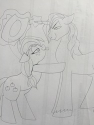 Size: 1224x1632 | Tagged: safe, artist:zee-stitch, applejack, prince blueblood, g4, female, flirting, magic, male, monochrome, ship:bluejack, shipping, sketch, straight, tongue out, traditional art