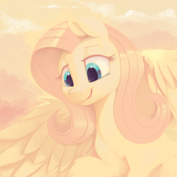 Size: 1500x1500 | Tagged: safe, artist:dimfann, fluttershy, pegasus, pony, g4, bright, female, limited palette, looking at something, looking down, mare, smiling, solo, spread wings