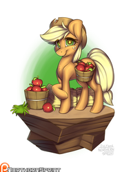 Size: 1024x1325 | Tagged: safe, artist:northernsprint, applejack, g4, apple, dirt cube, female, food, looking at you, patreon, patreon logo, simple background, smiling, solo, white background