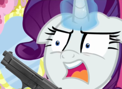 Size: 810x594 | Tagged: safe, edit, edited screencap, screencap, rarity, pony, unicorn, g4, season 6, the saddle row review, angry, beretta, bust, delet this, faic, female, floppy ears, frown, glare, glowing horn, gun, handgun, horn, levitation, magic, mare, open mouth, pistol, portrait, solo, telekinesis, weapon, wide eyes