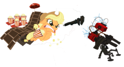 Size: 1398x757 | Tagged: safe, artist:ppptly, applejack, g4, engiejack, food, popcorn, rancho relaxo, sapper, sentry, team fortress 2
