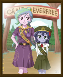 Size: 875x1075 | Tagged: safe, artist:uotapo, princess celestia, princess luna, principal celestia, vice principal luna, equestria girls, legend of everfree, badge, camp everfree, clothes, colored pupils, cute, cutelestia, female, filly, girl scout, looking at you, lunabetes, picture, pigtails, scout uniform, sisters, smiling, twintails, uotapo is trying to murder us, woona, younger