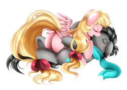 Size: 2334x1643 | Tagged: safe, artist:pridark, oc, oc only, oc:dream whisper, oc:sparks, pony, blushing, butt, clothes, cuddling, duo, female, kiss on the lips, kissing, male, oc x oc, on back, plot, ribbon, scarf, shipping, simple background, snuggling, straight, transparent background