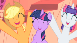 Size: 1280x720 | Tagged: safe, screencap, applejack, rarity, twilight sparkle, pony, g4, look before you sleep, golden oaks library, hair curlers, long neck