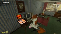 Size: 1920x1080 | Tagged: safe, oc, oc only, oc:mitchy, pony, 3d, chair, clock, couch, crt monitor, duke nukem 3d, gmod, half-life, hud, painting, pc, sitting, television, unshorn fetlocks