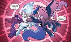 Size: 1076x640 | Tagged: safe, artist:tonyfleecs, idw, official comic, princess luna, rarity, alicorn, pony, unicorn, g4, ponies of dark water, spoiler:comic, spoiler:comic44, comic, cropped, doctor doomity, duo, ethereal mane, female, fight, mare, mask, red background, simple background, speech bubble, starry mane, unf