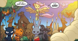 Size: 979x525 | Tagged: safe, artist:tony fleecs, idw, official comic, fluttershy, bear, bird, cat, deer, pegasus, pony, rabbit, raccoon, squirrel, tortoise, turtle, g4, ponies of dark water, spoiler:comic, spoiler:comic44, animal, cropped, drums, evil, female, infected, mare, musical instrument, poison ivyshy, red eyes, red eyes take warning, spear, speech bubble, spread wings, stag, weapon, wings